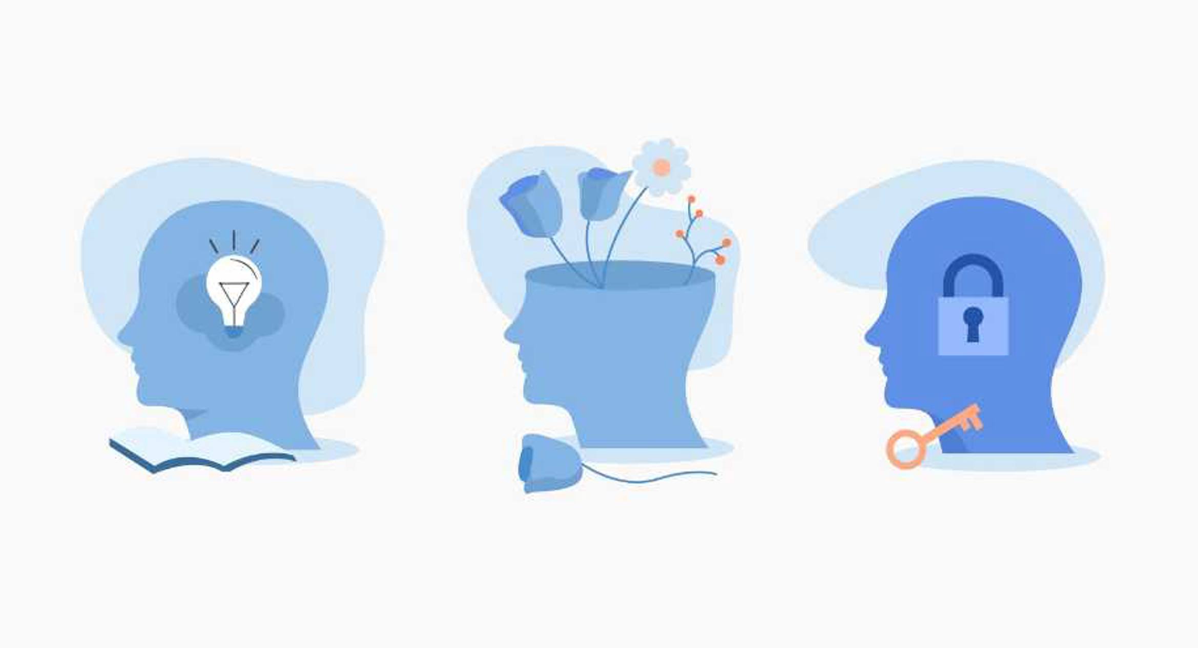 Illustration of three human head silhouettes symbolizing psychology and mental health concepts. The first head features a lightbulb, representing ideas and learning. The second head has flowers growing from it, symbolizing mental growth and well-being. The third head includes a lock and key, representing unlocking mental health challenges.