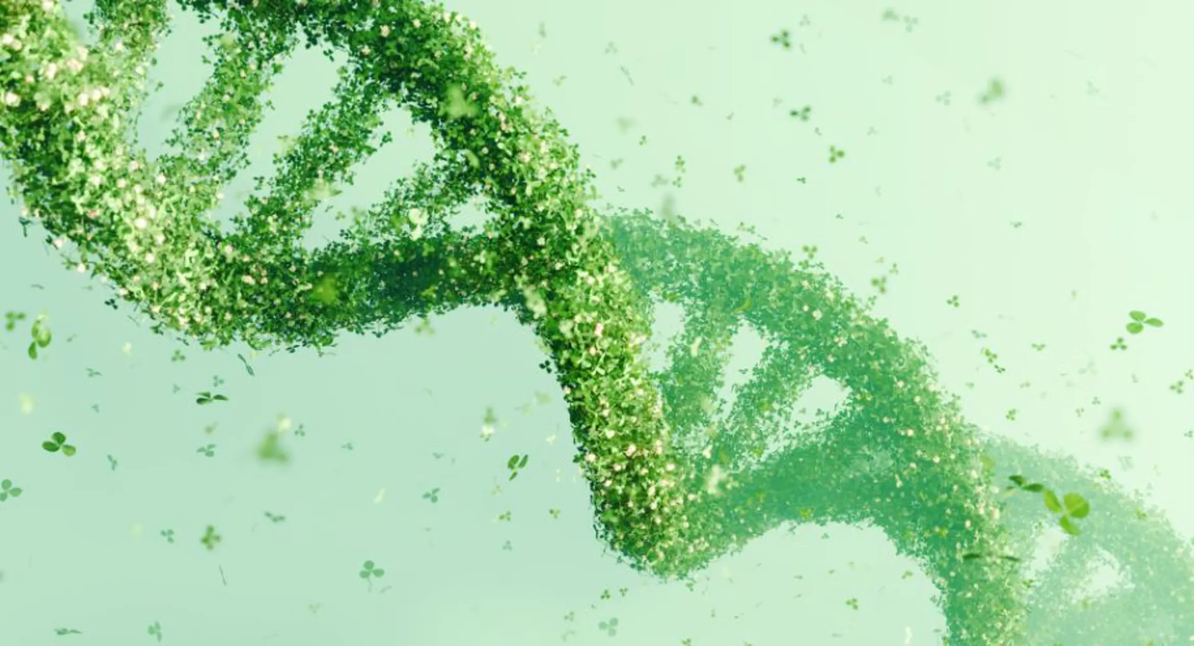 A DNA double helix structure made up of small green leaves and flowers, set against a soft green background. The design symbolizes the connection between biotechnology, nature, and sustainability.
